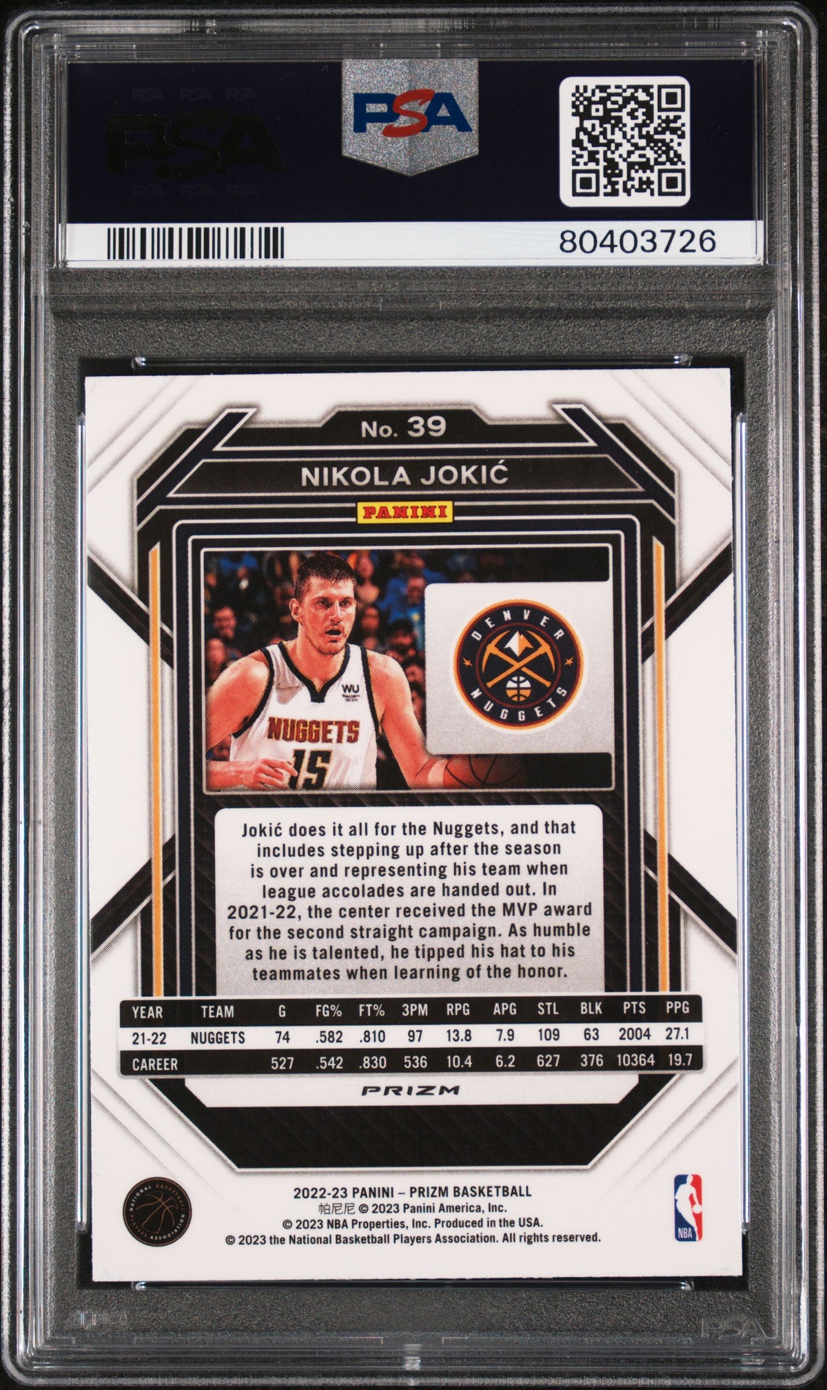 Nikola Jokic 2022 Panini Silver Prizm Basketball Card #39 Graded PSA 9-Powers Sports Memorabilia