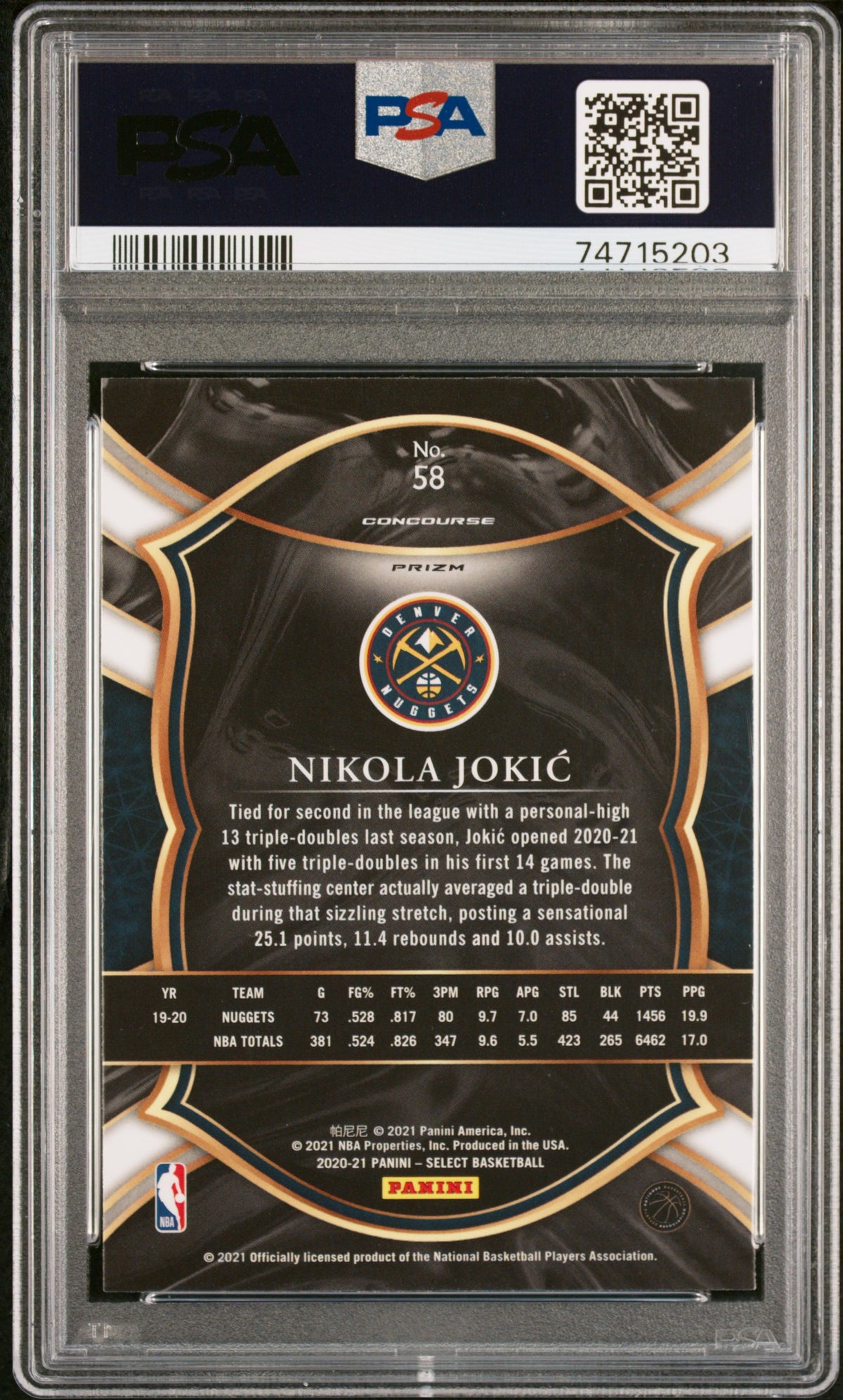Nikola Jokic 2020 Panini Select Blue Prizm Basketball Card #58 Graded PSA 10-Powers Sports Memorabilia