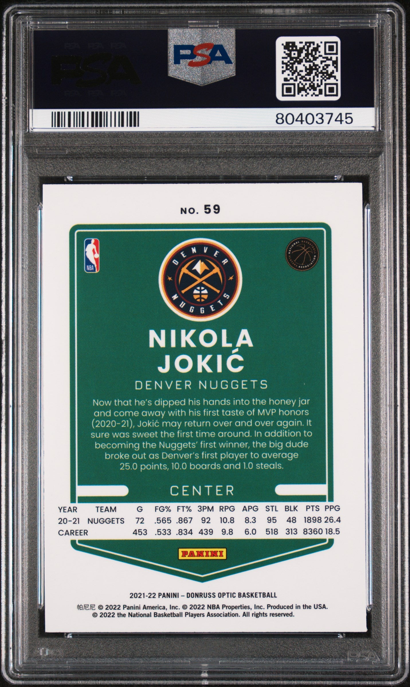 Nikola Jokic 2021 Panini Donruss Optic Basketball Card #59 Graded PSA 8-Powers Sports Memorabilia