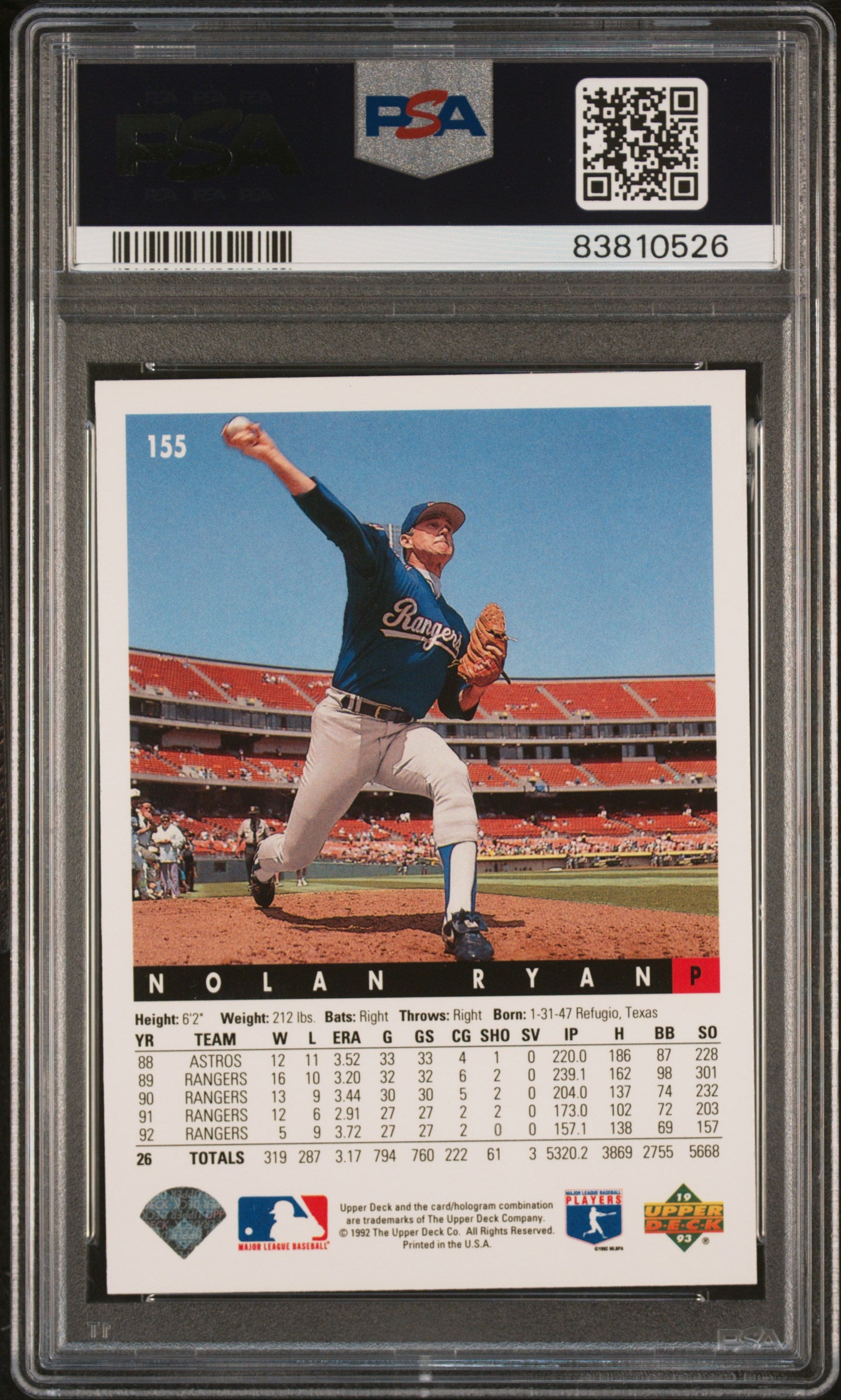 Nolan Ryan 1993 Upper Deck Baseball Card #155 Graded PSA 10-Powers Sports Memorabilia