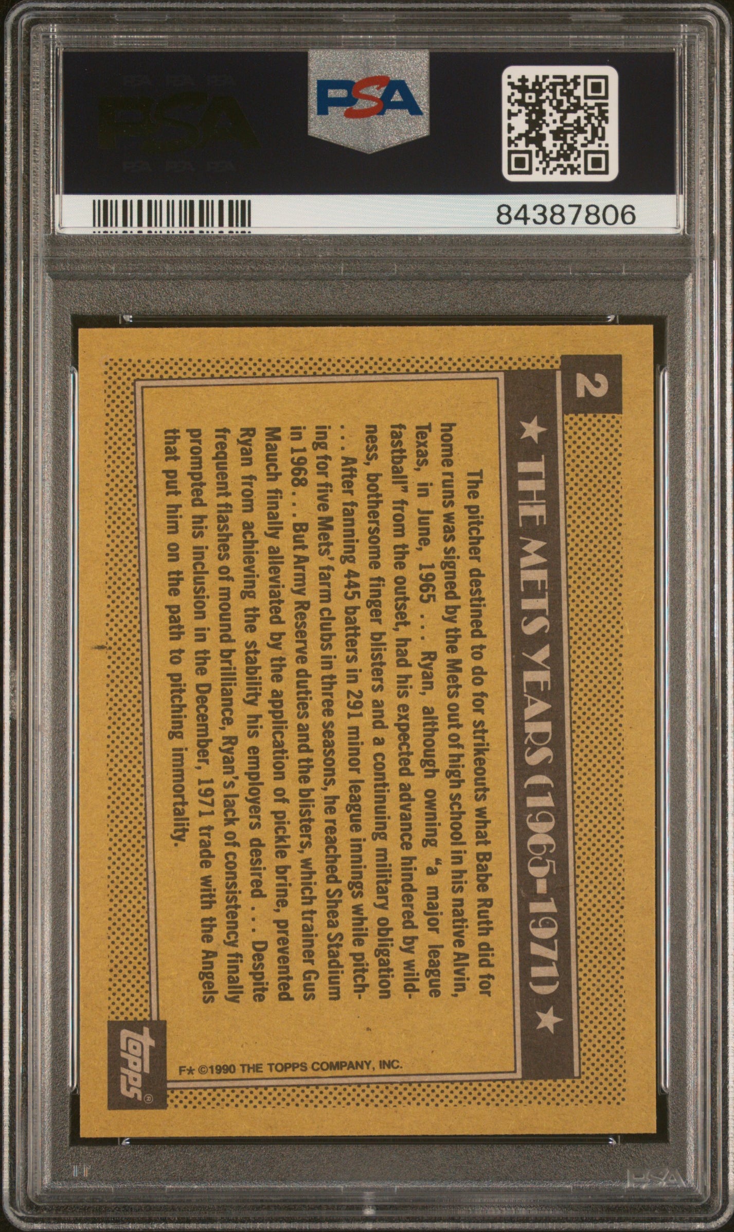 Nolan Ryan 1990 Topps Mets Baseball Card #2 Graded PSA 10