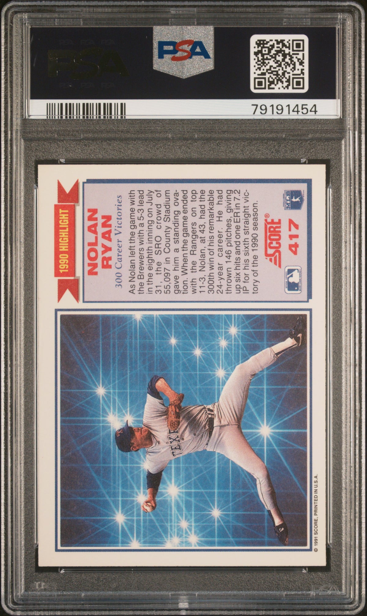 Nolan Ryan 1991 Score Baseball Card #417 Graded PSA 10-Powers Sports Memorabilia