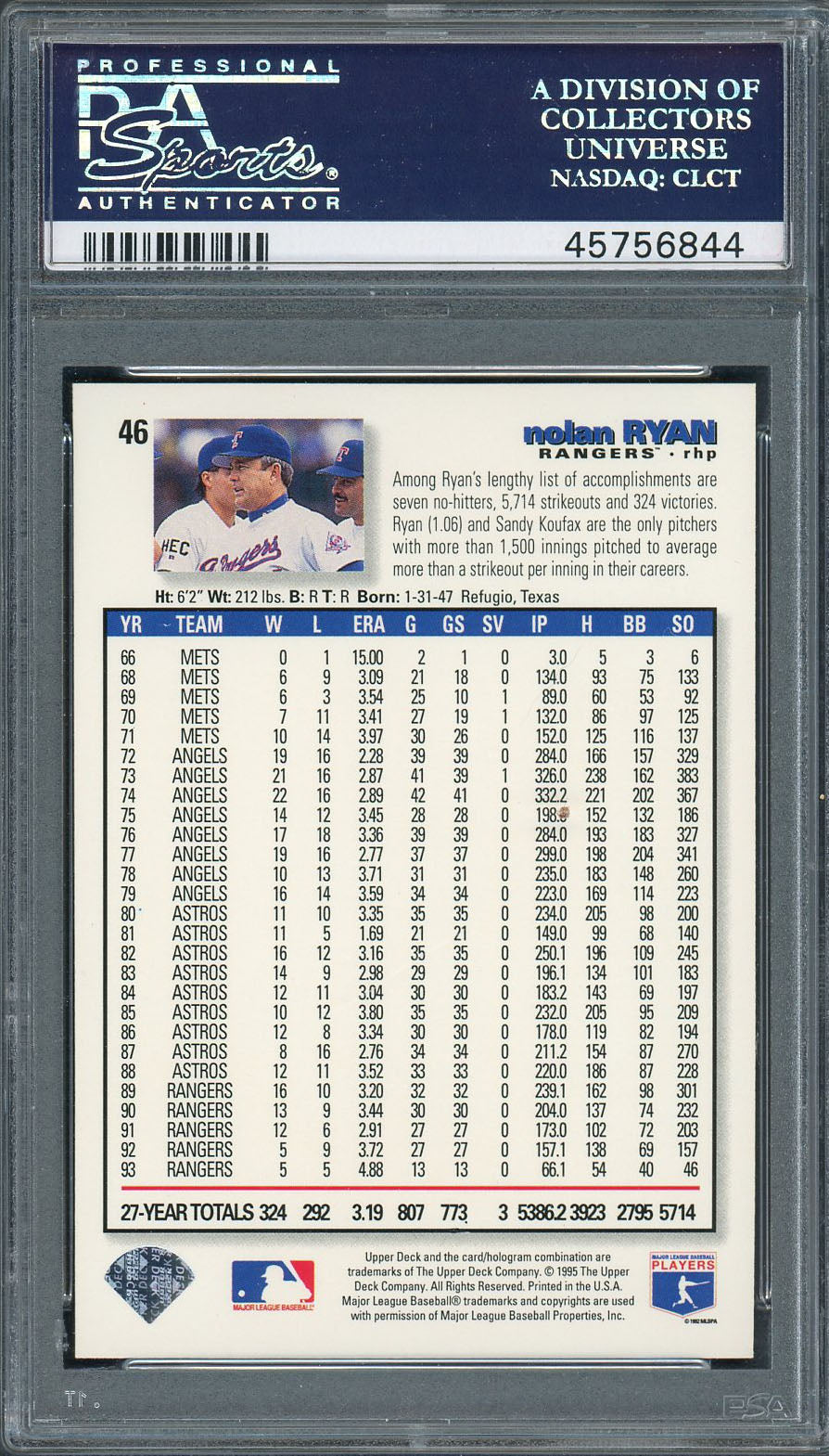 Nolan Ryan 1995 Collectors Choice Upper Deck Baseball Card #46 Graded PSA 10 GEM MINT-Powers Sports Memorabilia