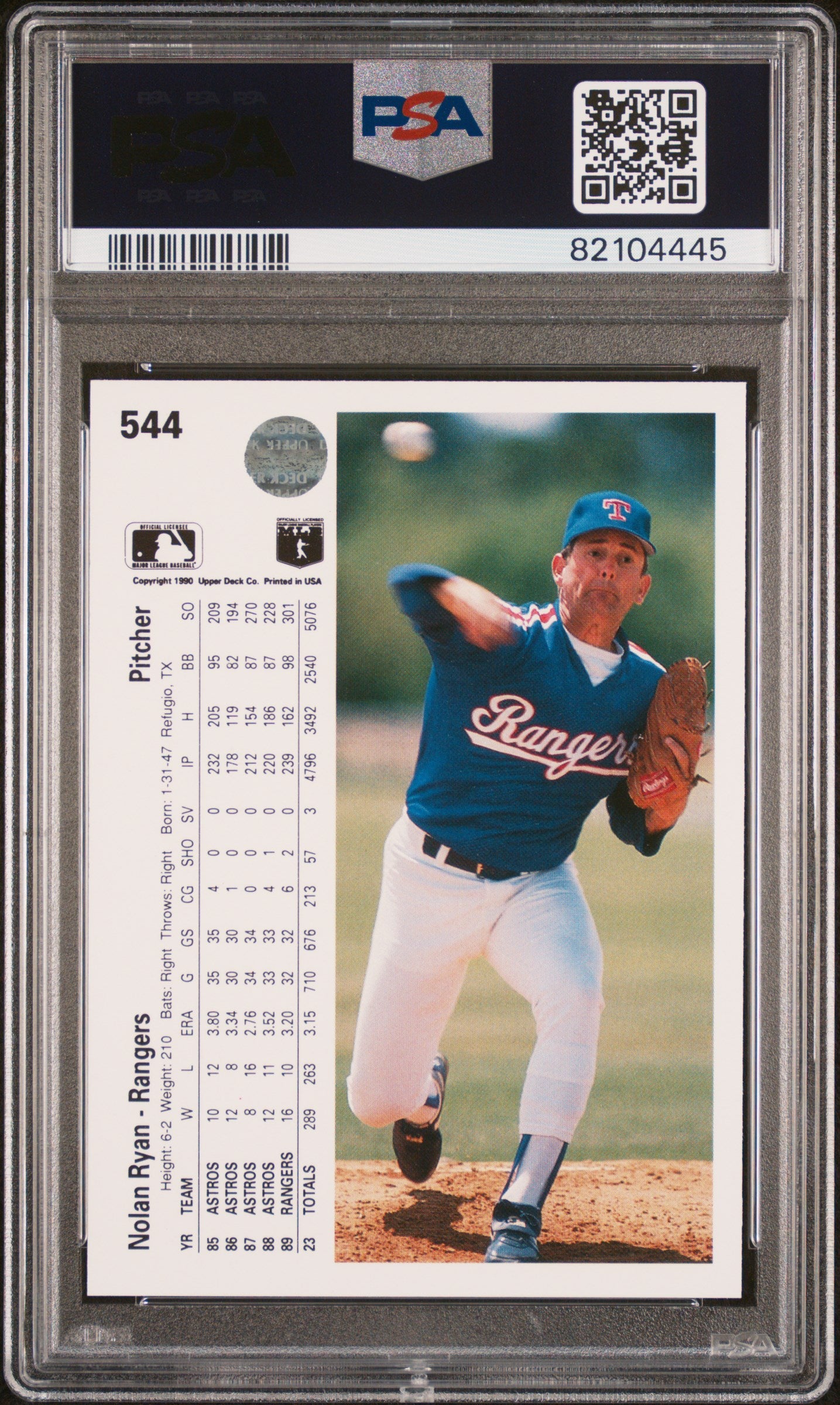 Nolan Ryan 1990 Upper Deck Baseball Card #544 Graded PSA 10