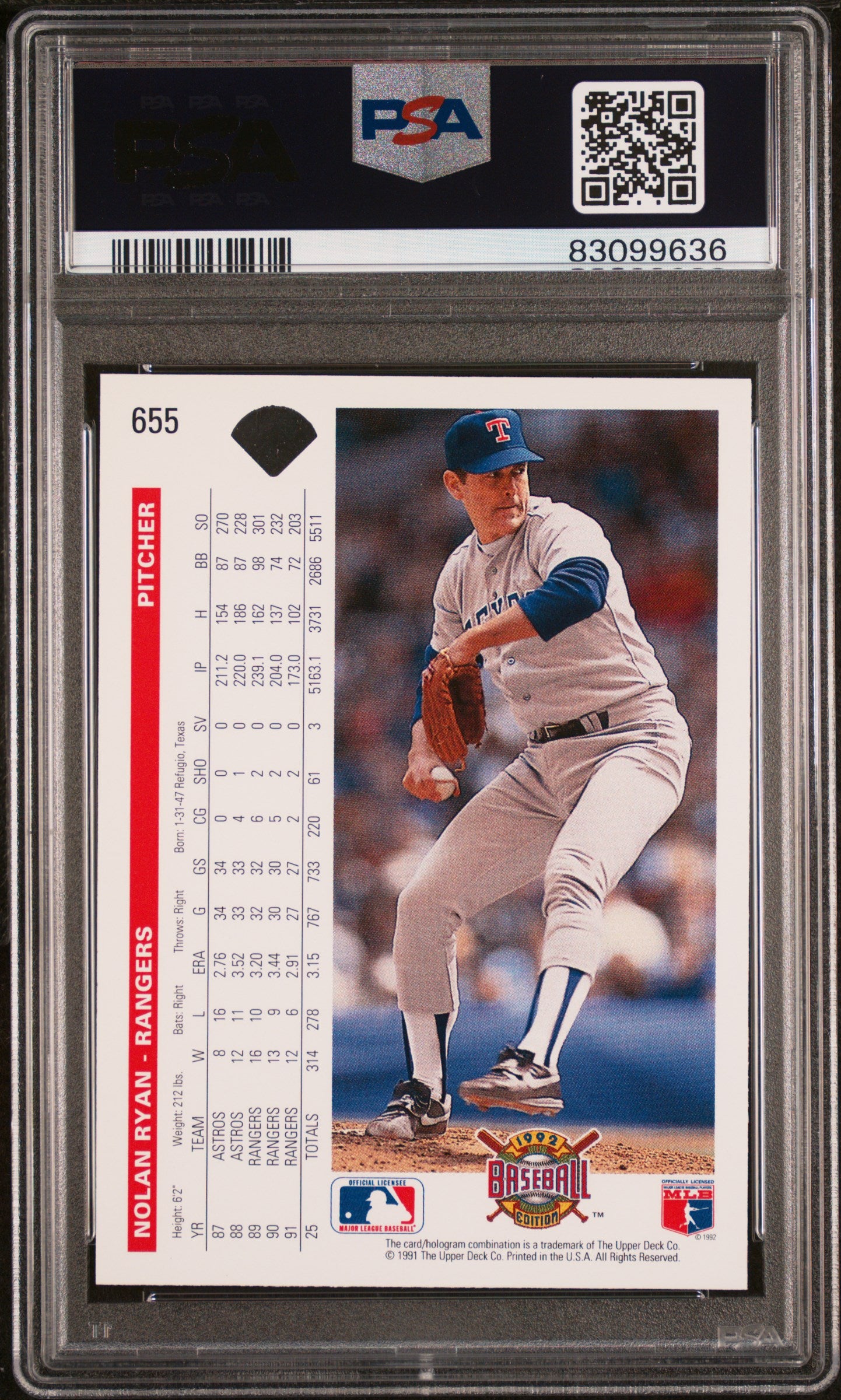 Nolan Ryan 1992 Upper Deck Baseball Card #655 Graded PSA 10