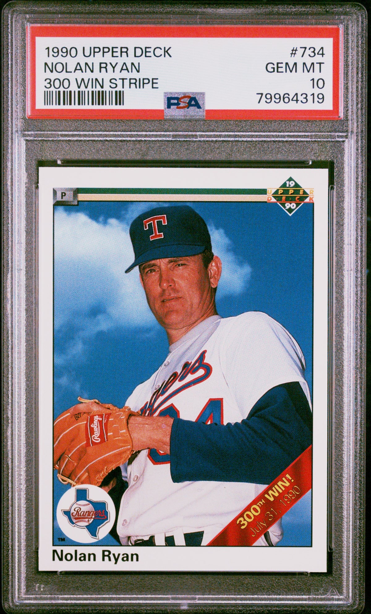 Nolan Ryan 1990 Upper Deck 300 Win Stripe Baseball Card #734 Graded PSA 10-Powers Sports Memorabilia