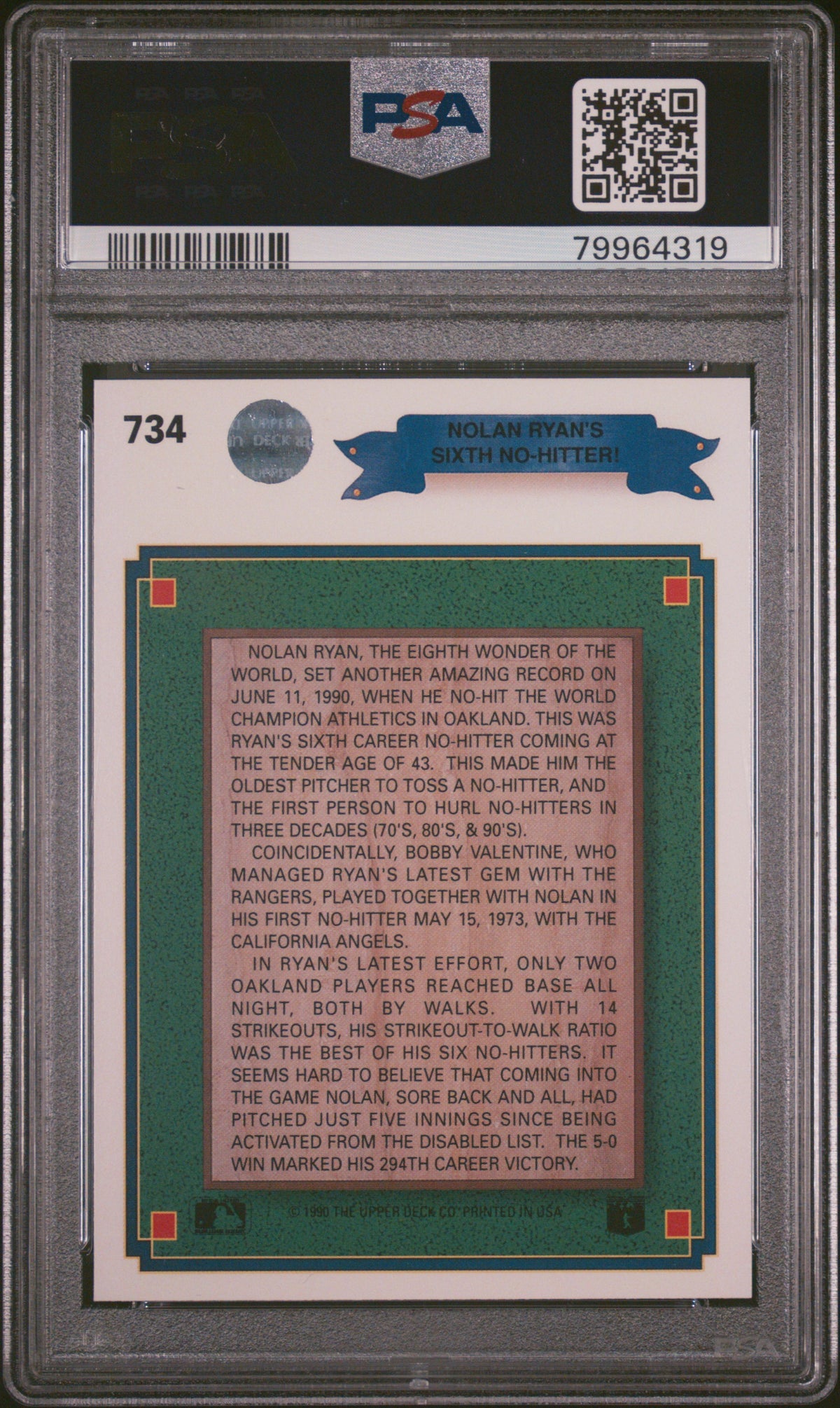 Nolan Ryan 1990 Upper Deck 300 Win Stripe Baseball Card #734 Graded PSA 10-Powers Sports Memorabilia