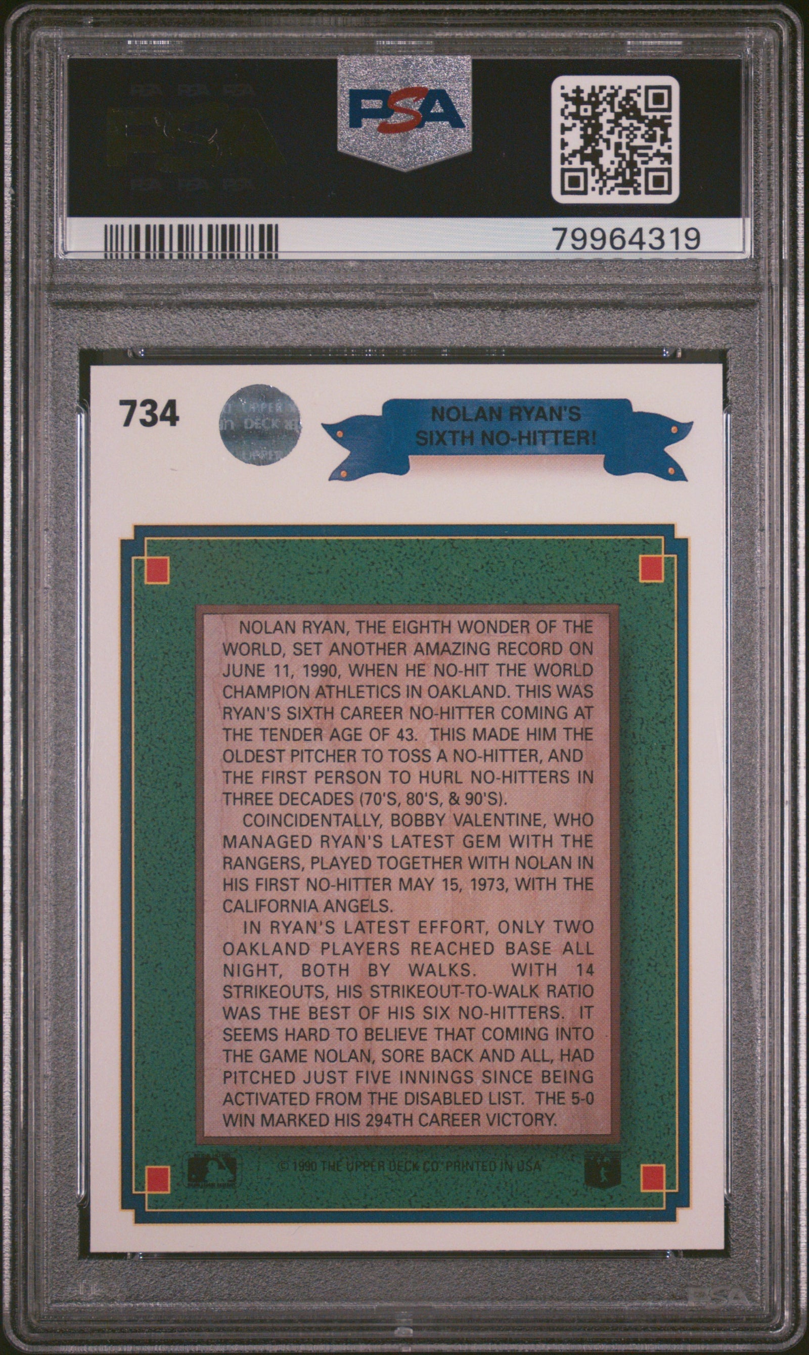 Nolan Ryan 1990 Upper Deck 300 Win Stripe Baseball Card #734 Graded PSA 10-Powers Sports Memorabilia