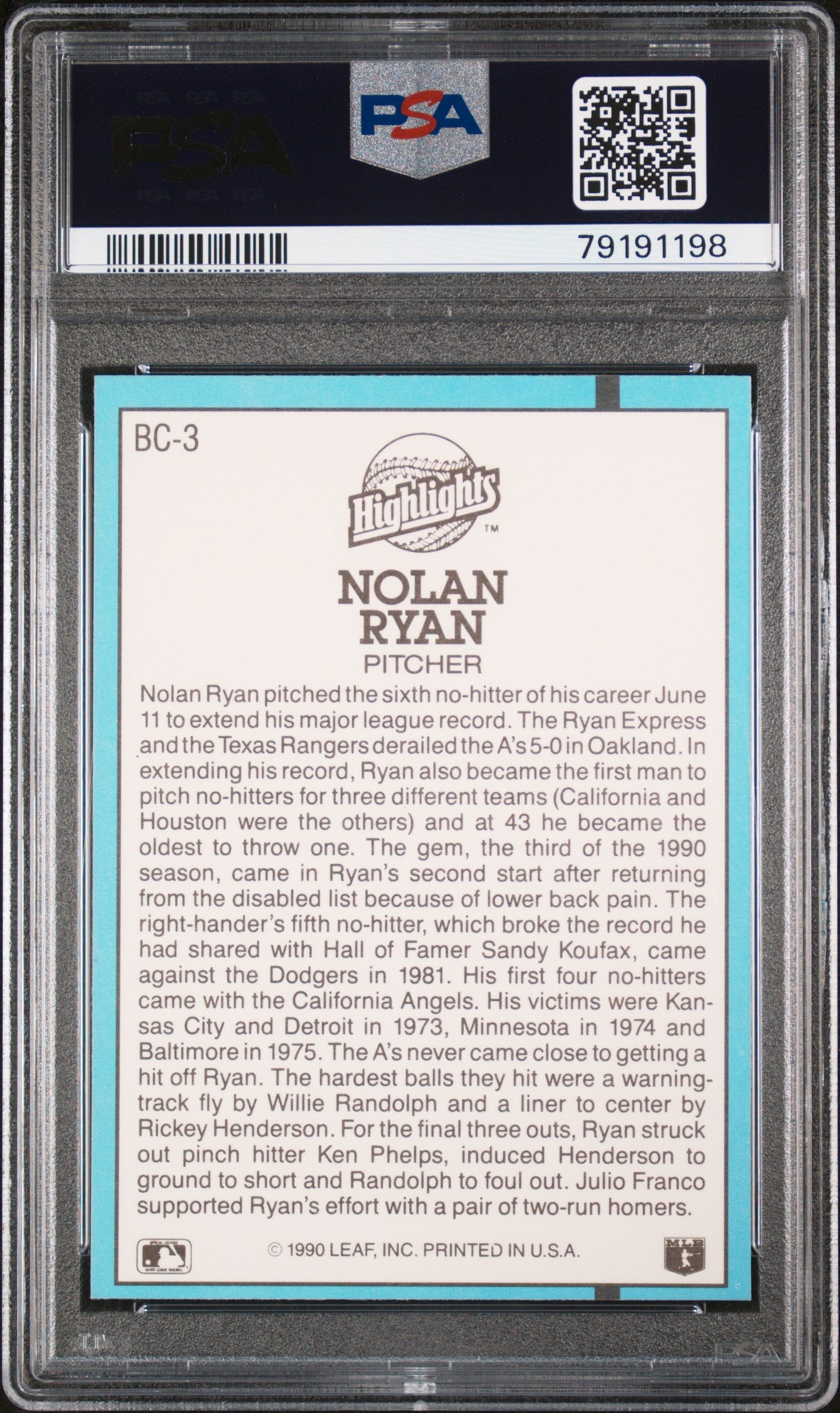 Nolan Ryan 1991 Donruss Highlights Baseball Card #BC-3 Graded PSA 10