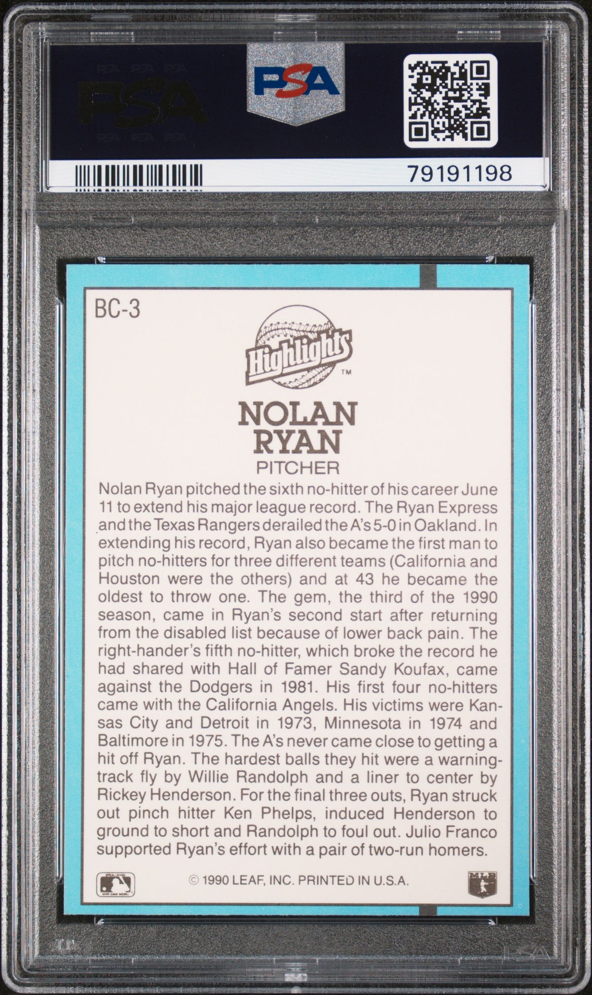 Nolan Ryan 1991 Donruss Highlights Baseball Card #BC-3 Graded PSA 10-Powers Sports Memorabilia