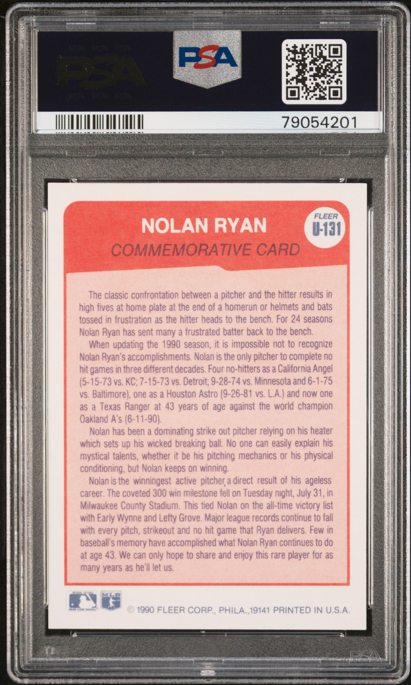 Nolan Ryan 1990 Fleer Update 3 Decades of No Hitters Card #U-131 Graded PSA 10