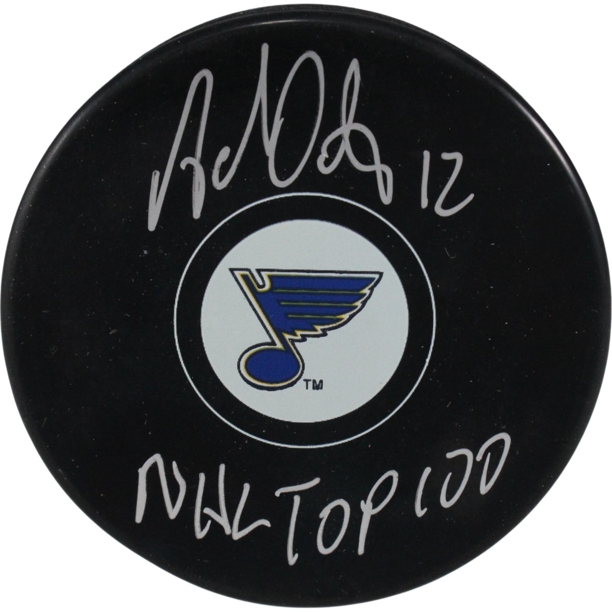 Adam Oates St Louis Blues Logo Signed Puck NHL Top 100-Powers Sports Memorabilia