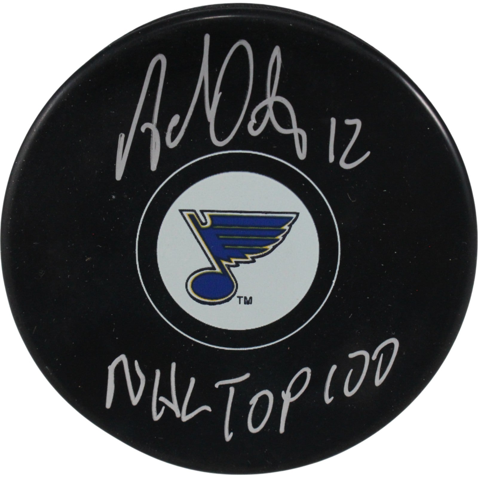 Adam Oates St Louis Blues Logo Signed Puck NHL Top 100-Powers Sports Memorabilia