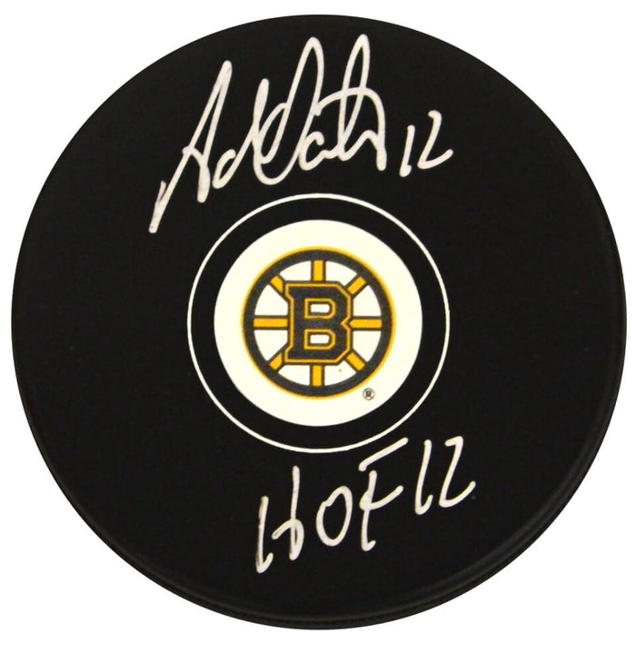 Adam Oates Autographed Boston Bruins Logo Hockey Puck with HOF 12-Powers Sports Memorabilia