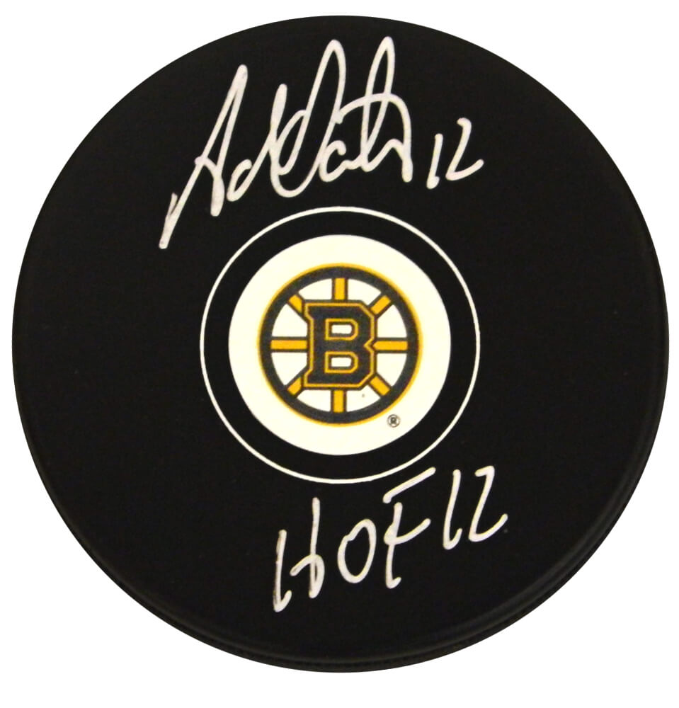 Adam Oates Autographed Boston Bruins Logo Hockey Puck with HOF 12-Powers Sports Memorabilia