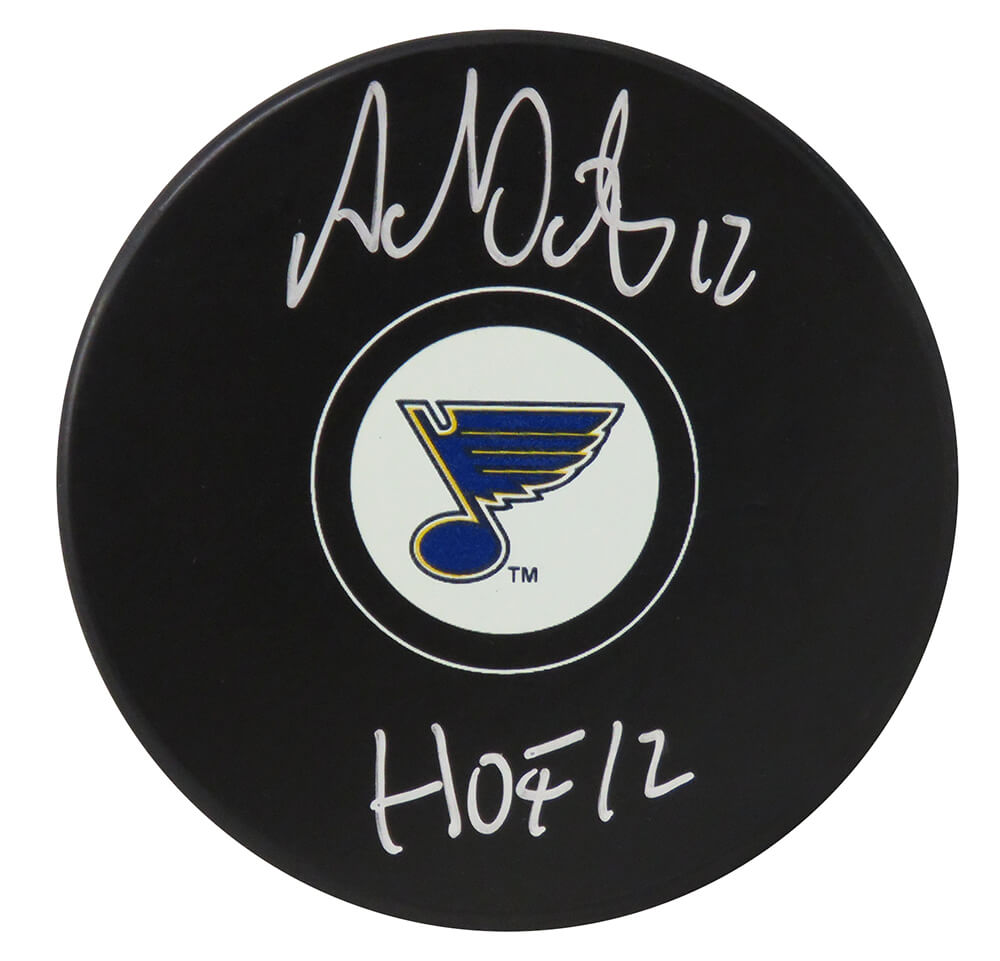 Adam Oates Autographed St Louis Blues Logo Hockey Puck with HOF'12-Powers Sports Memorabilia