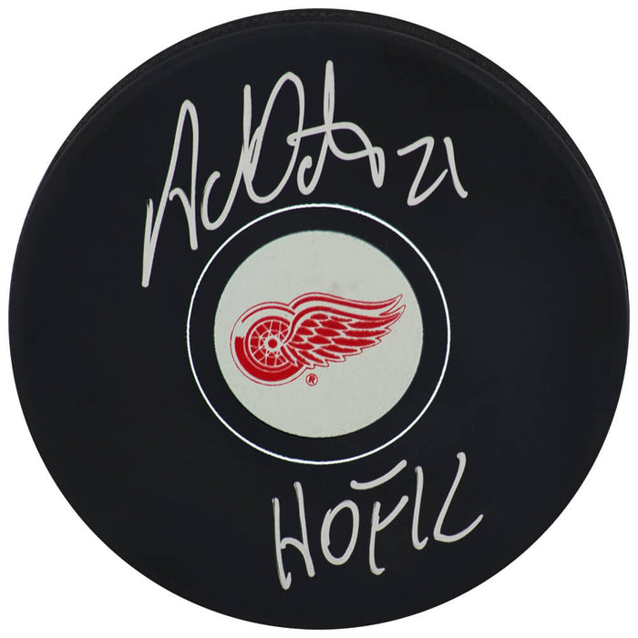 Adam Oates Autographed Detroit Red Wings Logo Hockey Puck with HOF'12-Powers Sports Memorabilia