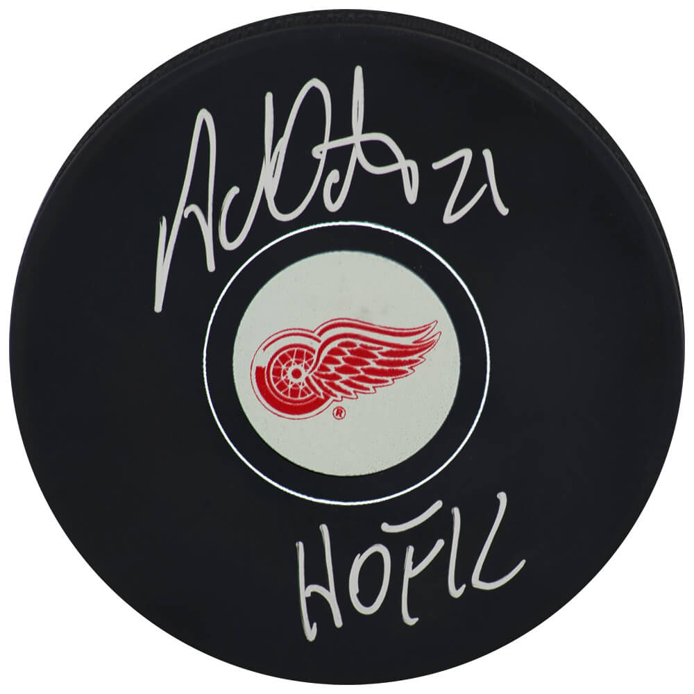 Adam Oates Autographed Detroit Red Wings Logo Hockey Puck with HOF'12-Powers Sports Memorabilia