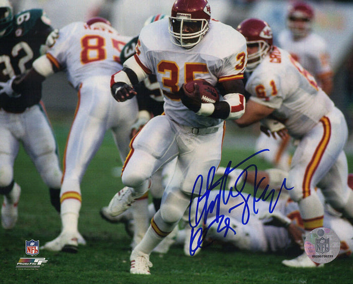 Christian Okoye Autographed Kansas City Chiefs White Jersey Action 8x10 Photo-Powers Sports Memorabilia