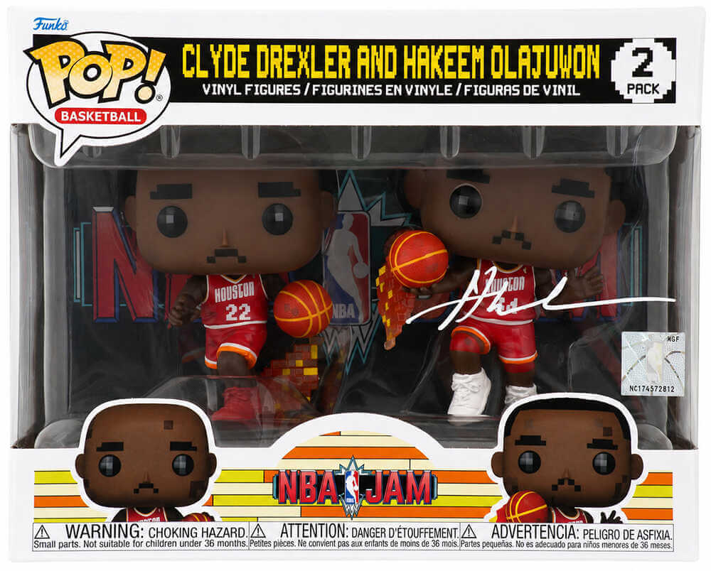 Hakeem Olajuwon Autographed Houston Rockets NBA Jams With Clyde Drexler 2-Pack Funko Pop Doll-Powers Sports Memorabilia