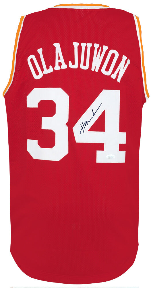 Hakeem Olajuwon Autographed Red 'The Dream' Throwback Custom Basketball Jersey - (JSA COA)-Powers Sports Memorabilia