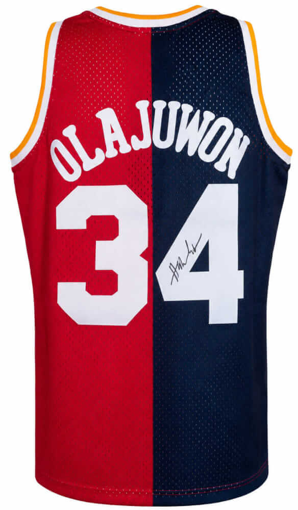 Hakeem Olajuwon Autographed Houston Rockets M&N Split Navy & Red Swingman Basketball Jersey-Powers Sports Memorabilia