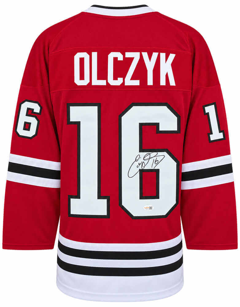 Eddie Olczyk Autographed Red Custom Hockey Jersey JSA-Powers Sports Memorabilia