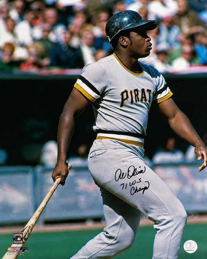 Al Oliver Autographed Pittsburgh Pirates Grey Jersey Swinging Action 16x20 Photo with 71 WS Champs-Powers Sports Memorabilia