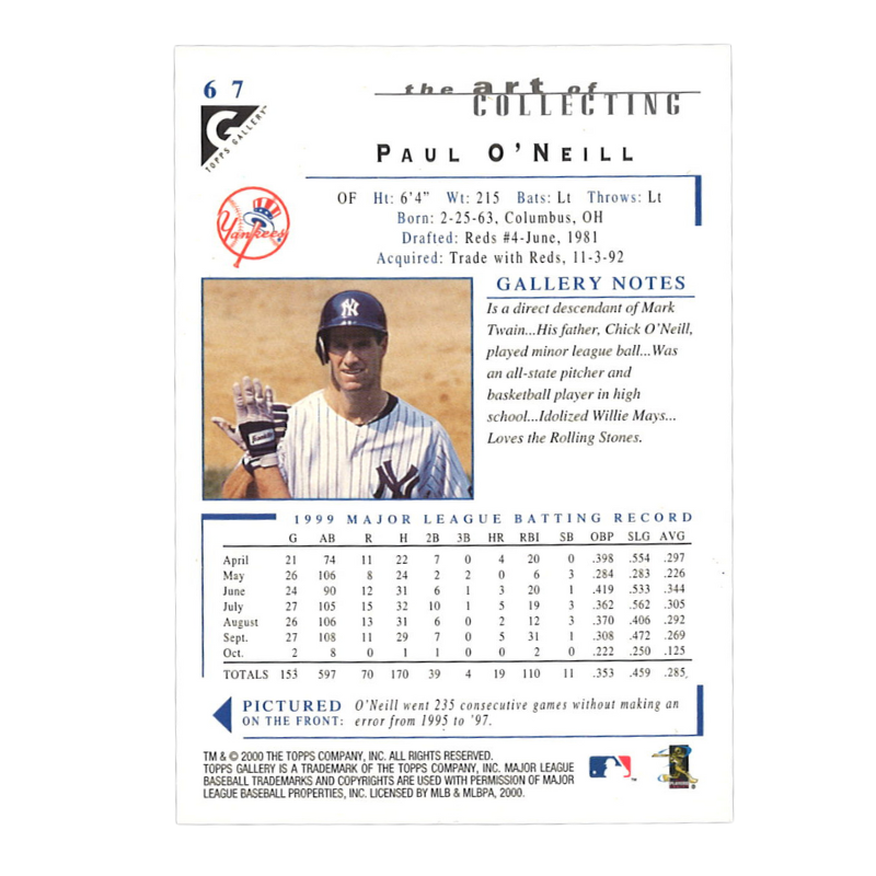 Paul O'Neill New York Yankees Signed 2000 Topps Gallery #67 Trading Card-Powers Sports Memorabilia