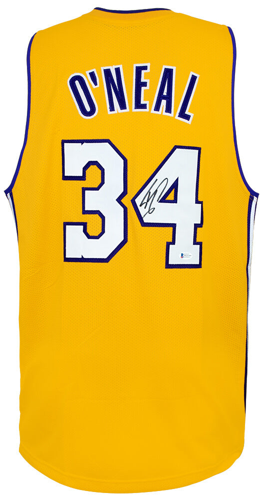 Shaquille O'Neal Autographed Gold Custom Basketball Jersey Beckett-Powers Sports Memorabilia