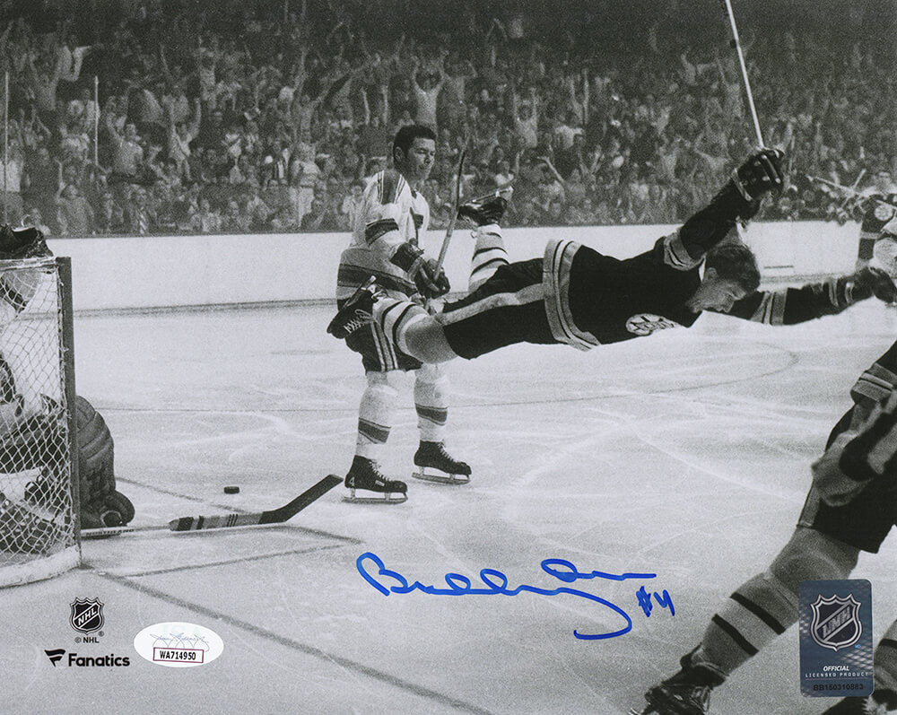 Bobby Orr Autographed Boston Bruins Flying Goal Black and White 8x10 Photo-Powers Sports Memorabilia