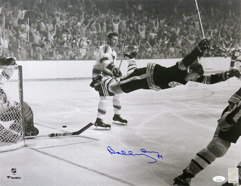 Bobby Orr Autographed Boston Bruins Flying Goal B&W 16x20 Photo - (JSA)-Powers Sports Memorabilia