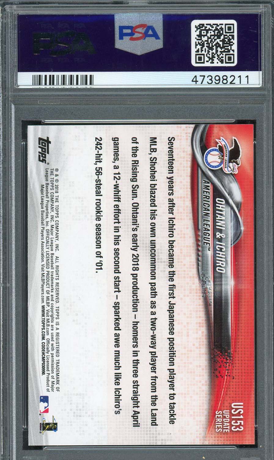 大谷翔平 鈴木イチロー 2018 Topps Update Baseball Rookie Card #US153 Graded PSA 10