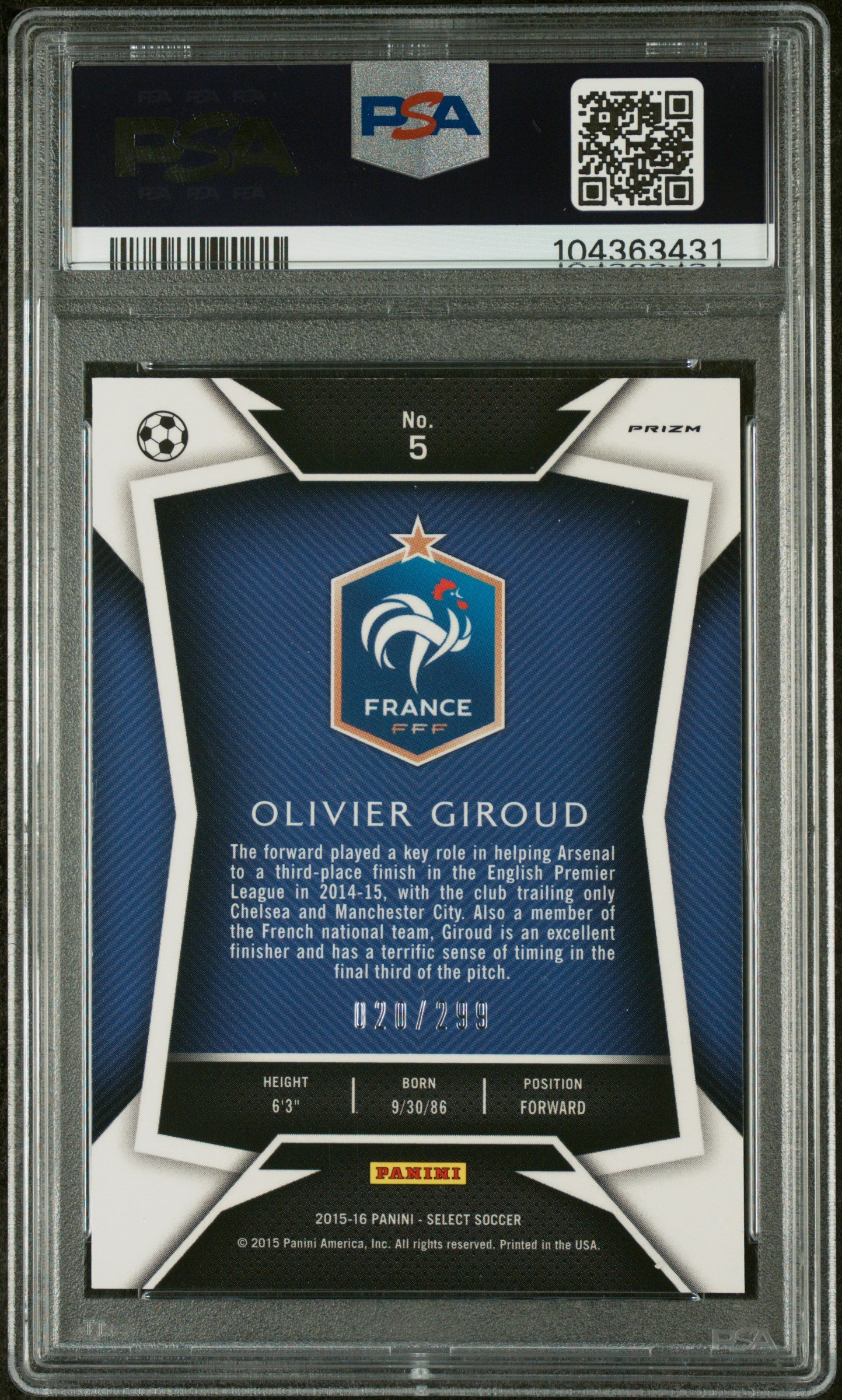 Olivier Giroud 2015 Panini Select Blue Prizm Card #5 Auto Graded PSA 10 20/299-Powers Sports Memorabilia