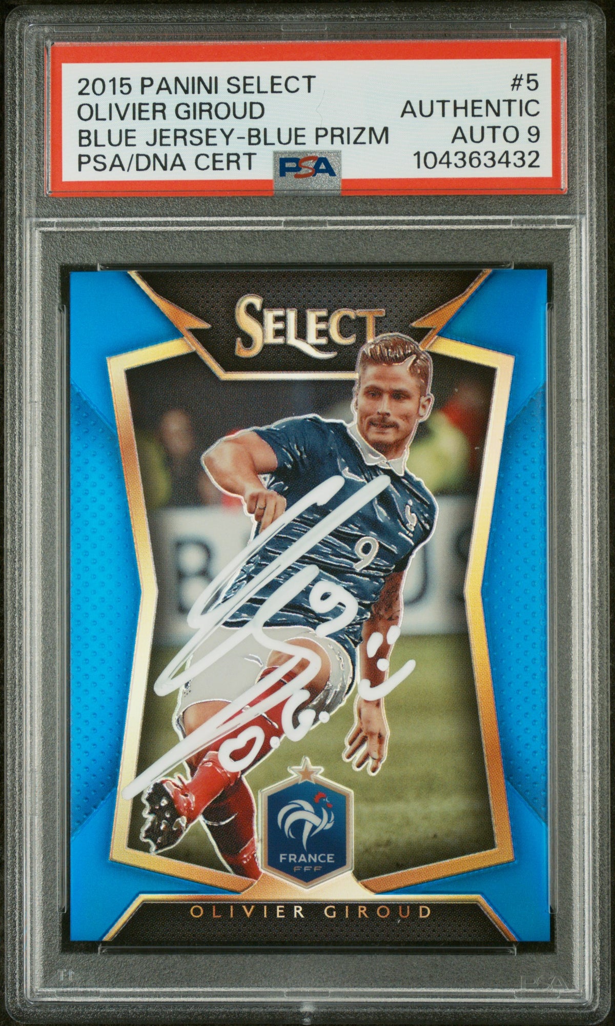 Olivier Giroud 2015 Panini Select Blue Prizm Card #5 Auto Graded PSA 9 216/299-Powers Sports Memorabilia
