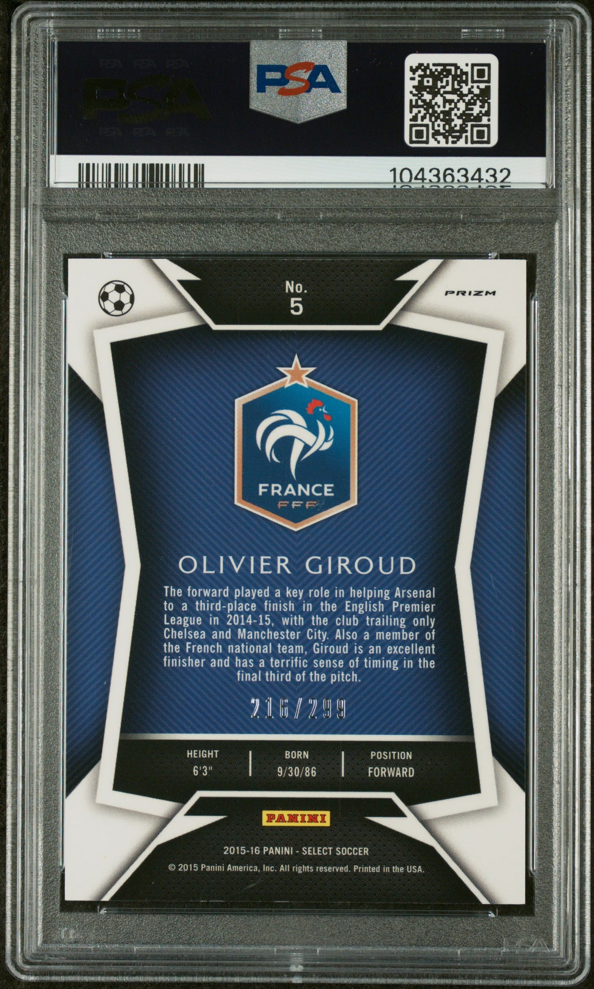 Olivier Giroud 2015 Panini Select Blue Prizm Card #5 Auto Graded PSA 9 216/299-Powers Sports Memorabilia
