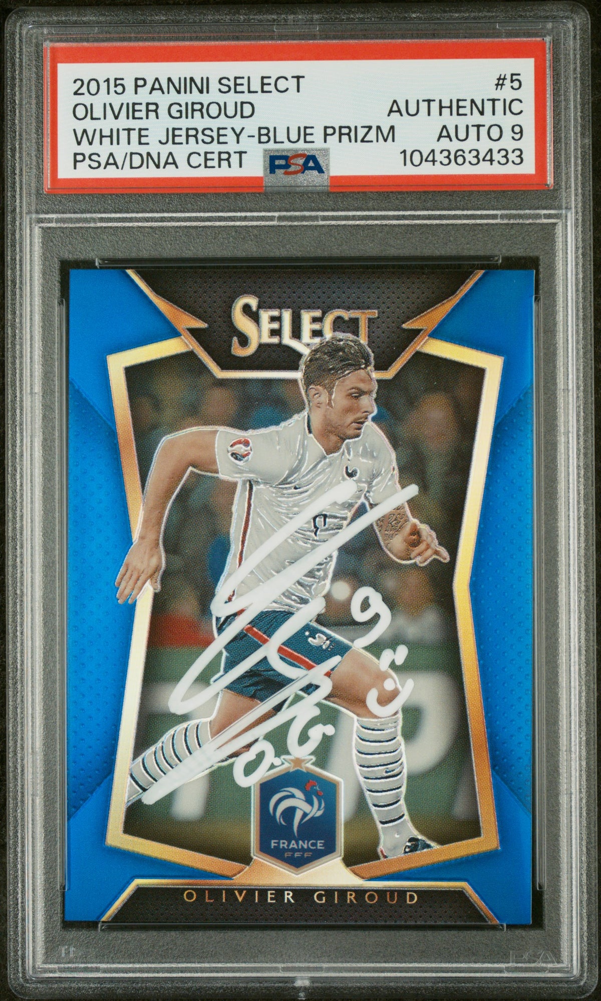 Olivier Giroud 2015 Panini Select Blue Prizm Card #5 Auto Graded PSA 9 228/299-Powers Sports Memorabilia