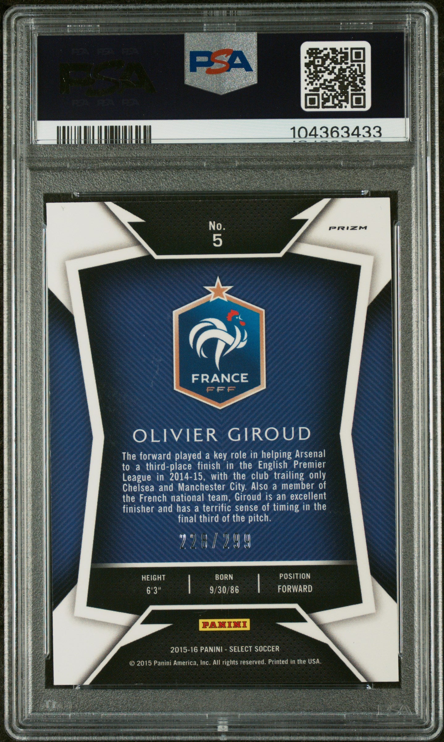 Olivier Giroud 2015 Panini Select Blue Prizm Card #5 Auto Graded PSA 9 228/299-Powers Sports Memorabilia