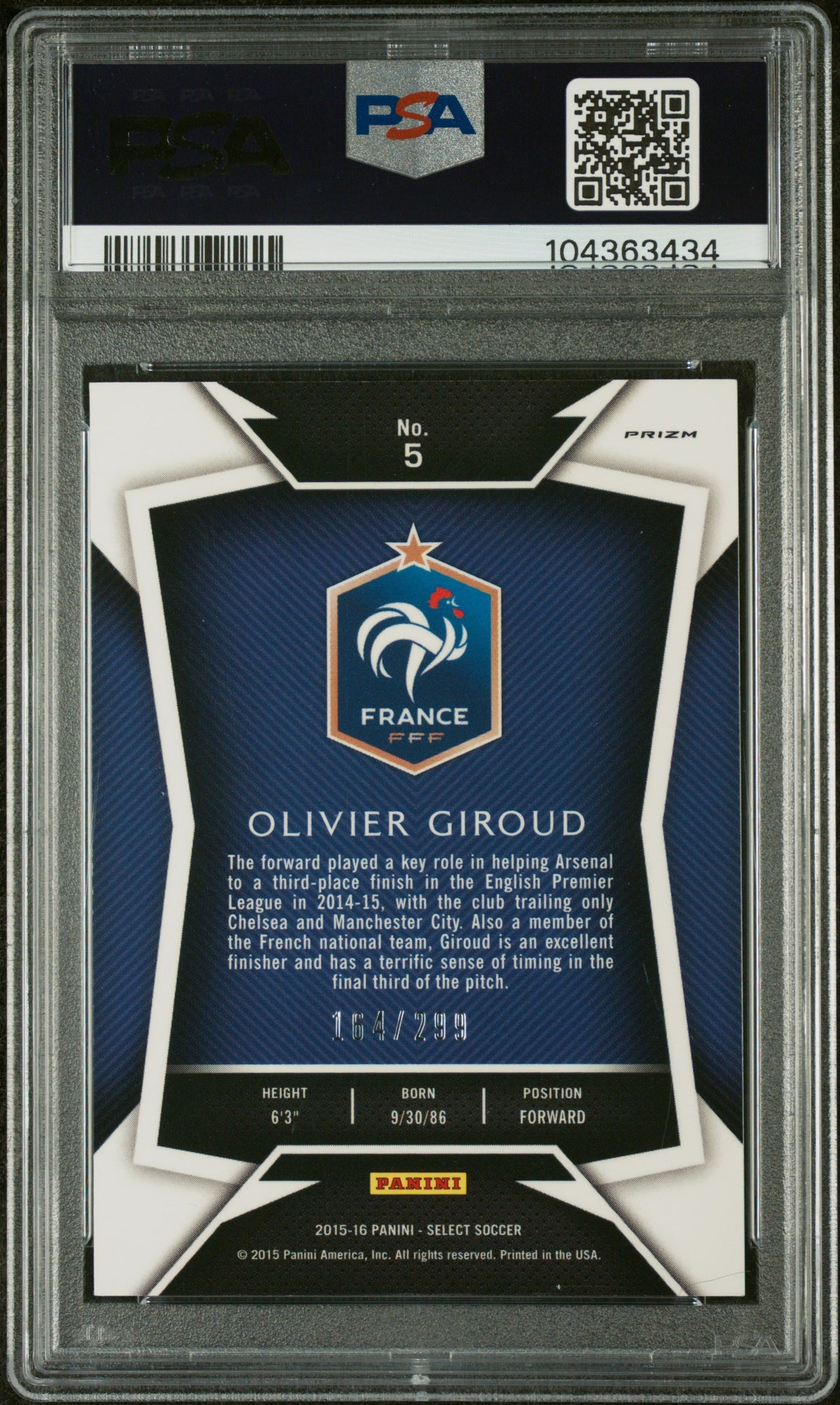 Olivier Giroud 2015 Panini Select Blue Prizm Card #5 Auto Graded PSA 9 164/299-Powers Sports Memorabilia