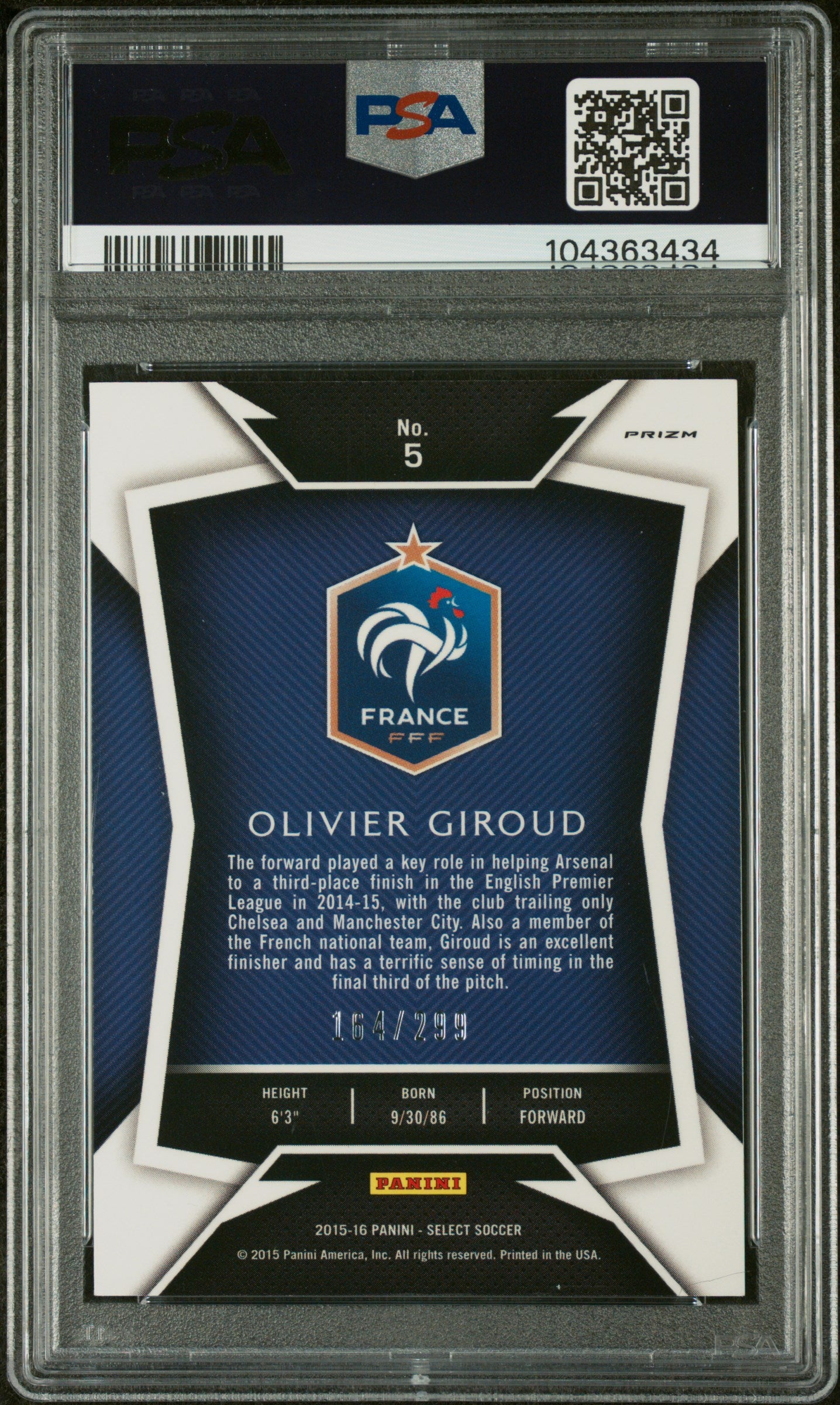 Olivier Giroud 2015 Panini Select Blue Prizm Card #5 Auto Graded PSA 9 164/299-Powers Sports Memorabilia