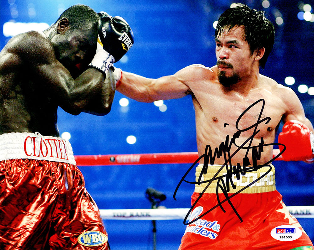 Manny Pacquiao Autographed Boxing In Trunks Punching Opponent 8x10