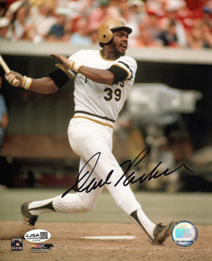 Dave Parker Autographed Pittsburgh Pirates White Jersey Swinging Action 8x10 Photo - (JSA)-Powers Sports Memorabilia
