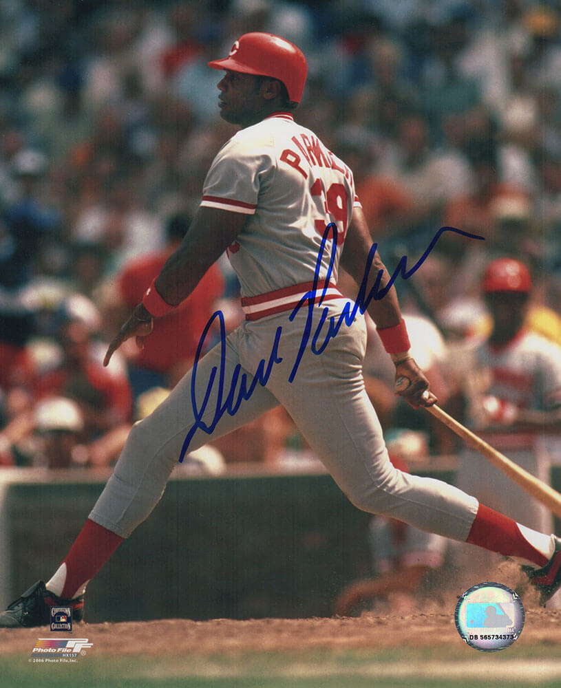 Dave Parker Autographed Cincinnati Reds Grey Jersey Swinging 8x10 Photo-Powers Sports Memorabilia