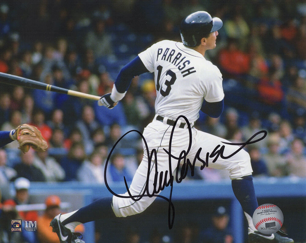 Lance Parrish Autographed Detroit Tigers White Jersey Swinging Action 8x10 Photo-Powers Sports Memorabilia