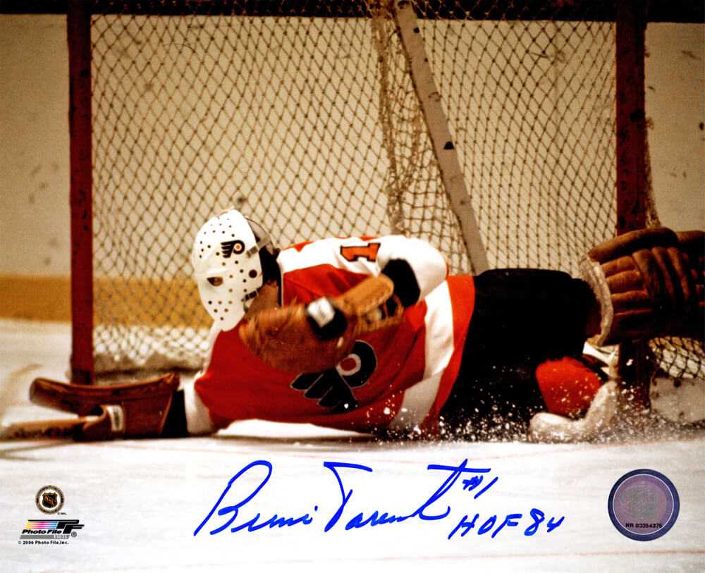 Bernie Parent Autographed Philadelphia Flyers Goalie Diving Save Action 8x10 Photo with HOF'84-Powers Sports Memorabilia