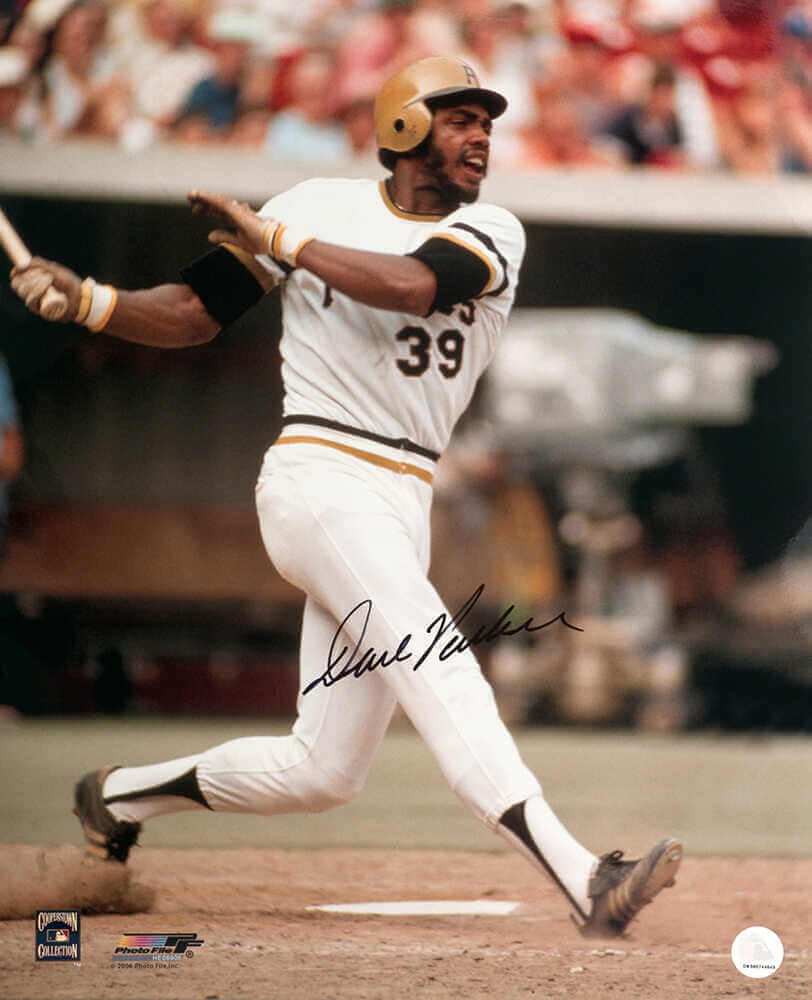 Dave Parker Autographed Pittsburgh Pirates White Jersey Action 16x20 Photo (In Black)-Powers Sports Memorabilia