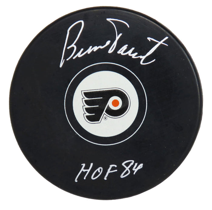 Bernie Parent Autographed Philadelphia Flyers Logo Hockey Puck with HOF'84-Powers Sports Memorabilia