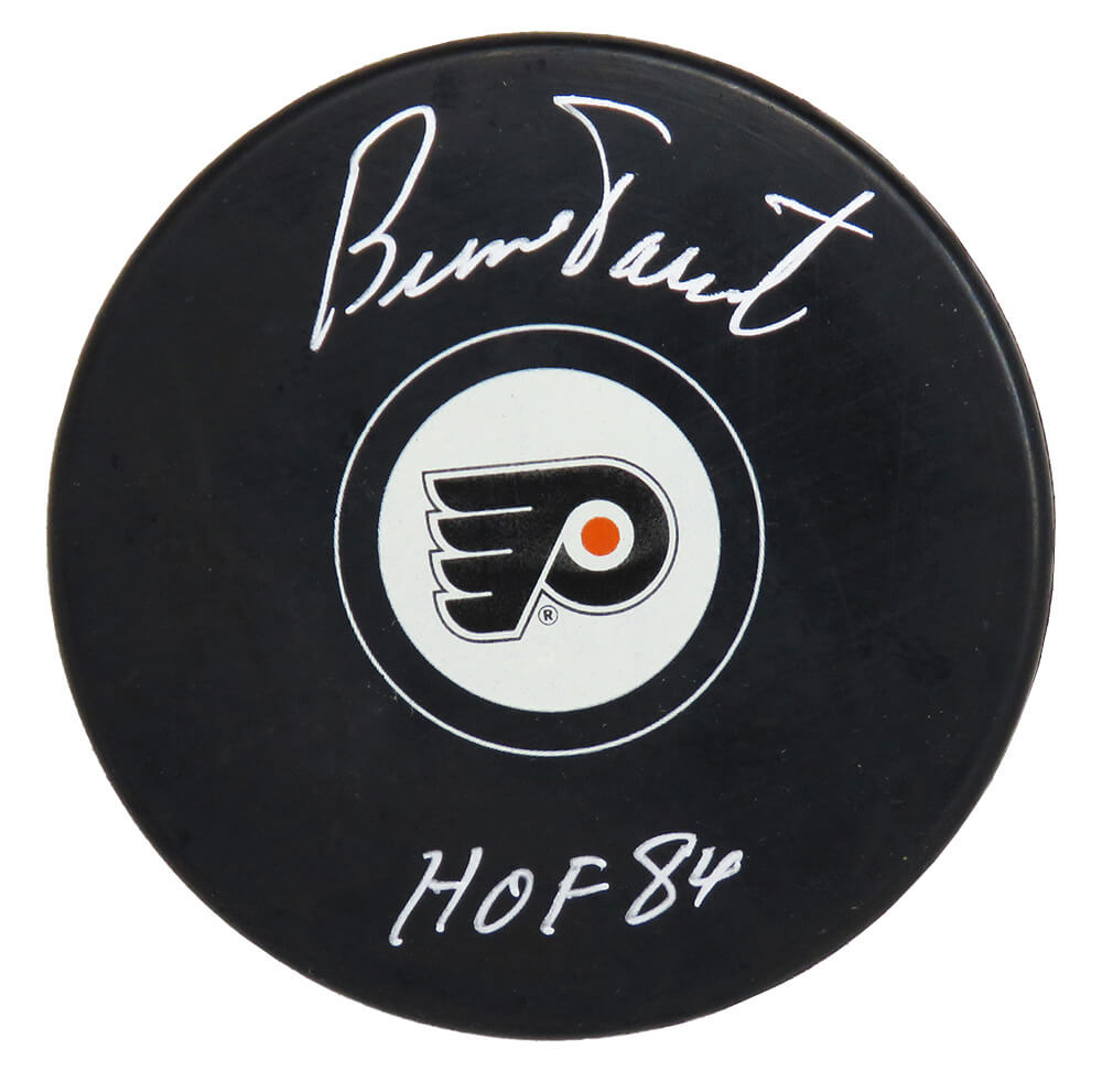 Bernie Parent Autographed Philadelphia Flyers Logo Hockey Puck with HOF'84-Powers Sports Memorabilia