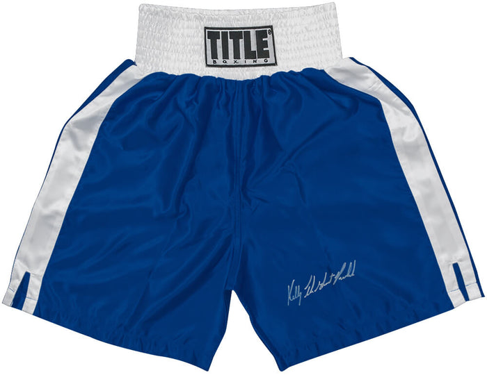 Kelly Pavlik Autographed Title Blue With White Trim Boxing Trunks with The Ghost-Powers Sports Memorabilia