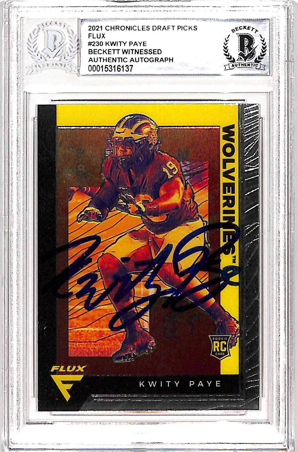 Kwity Paye Michigan Wolverines Signed Card - Chronicles Flux 2021 #230 Slabbed Beckett Beckett-Powers Sports Memorabilia